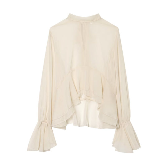 Damen Asymmetrische Volant-Bluse mit hohem Vorderteil, tiefem Rückteil und Trompetenärmeln Nord Taschen
