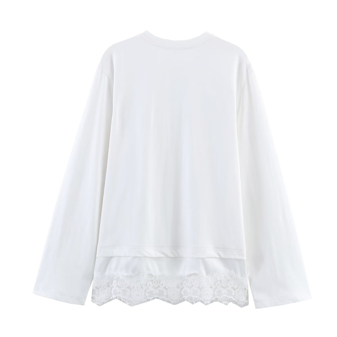 Damen Langärmeliges Oversize-Shirt mit Rundhalsausschnitt und Spitzenbesatz am Saum Nord Taschen