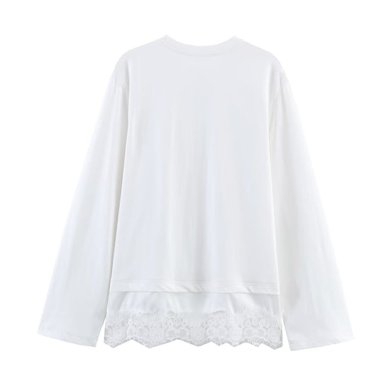 Damen Langärmeliges Oversize-Shirt mit Rundhalsausschnitt und Spitzenbesatz am Saum Nord Taschen