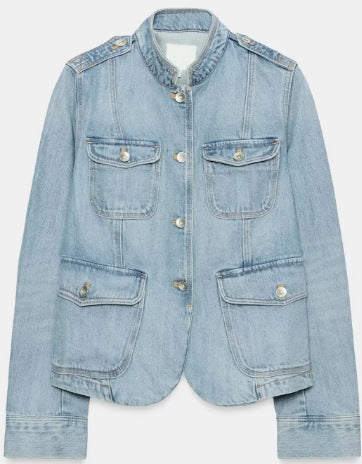Damen Jeansjacke im Utility-Look mit Stehkragen, Pattentaschen und Schulterpatten Nord Taschen