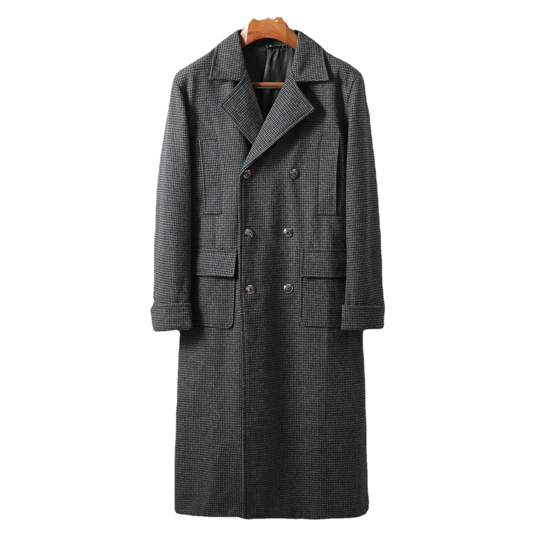 Herren Eleganter lang geschnittener Wollmantel mit Doppelreihe und Pattentaschen Nord Taschen