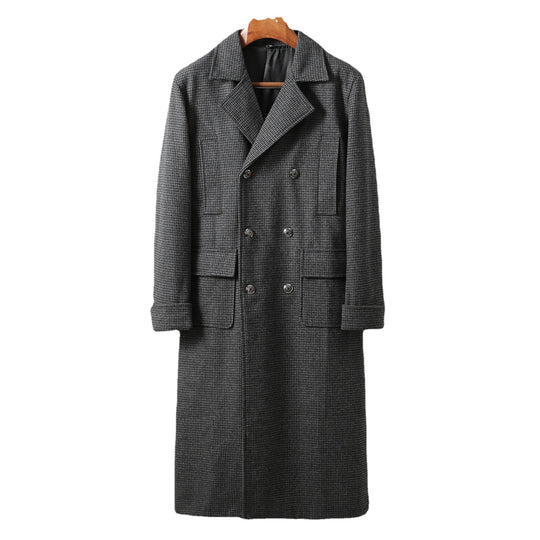 Herren Eleganter lang geschnittener Wollmantel mit Doppelreihe und Pattentaschen Nord Taschen