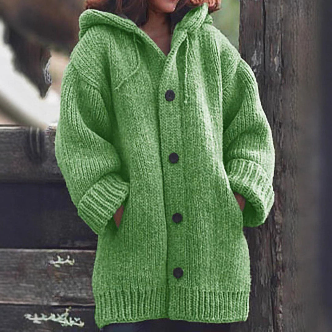 Damen Langgezogener Grobstrick-Mantelcardigan mit Kapuze, überschnittener Schulter und großen Knöpfen Nord Taschen