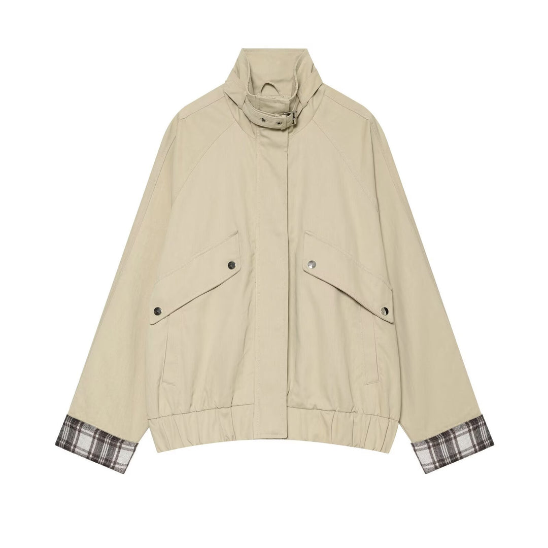 Damen Wasserabweisende Cropped-Utility-Jacke mit hohem Stehkragen und Karodetail an den Ärmelaufschlägen Nord Taschen