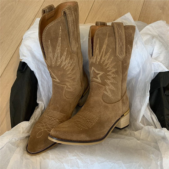Damen Western-Cowboystiefel aus Veloursleder mit formstabilem Blockabsatz Nord Taschen