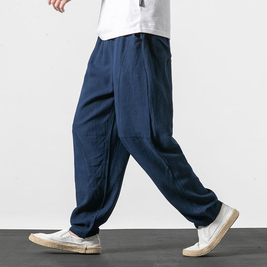 Herren Weiche Leinenmix-Loungehose mit tiefem Schritt, elastischem Bund und taillierter Beinverjüngung Nord Taschen
