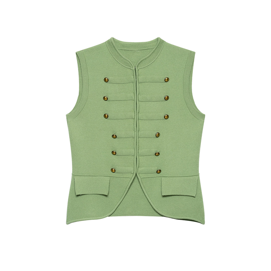 Damen Ärmellose Strickweste im Militärstil mit dekorativen Metallknöpfen und aufgesetzten Taschen Nord Taschen