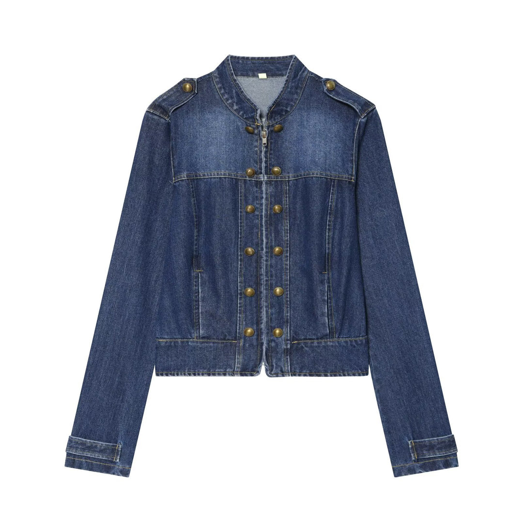 Damen Jeansjacke im Militärstil mit Stehkragen und Zierknopfleiste Nord Taschen