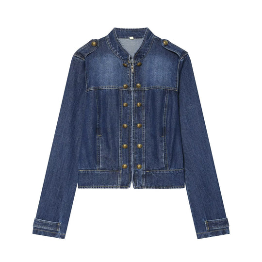 Damen Jeansjacke im Militärstil mit Stehkragen und Zierknopfleiste Nord Taschen
