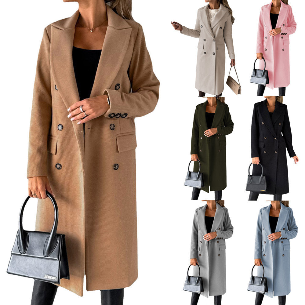 Damen Doppelreihiger Midilanger Wollmantel mit Reverskragen und taillierter Silhouette Nord Taschen