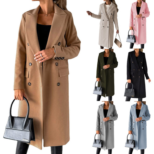 Damen Doppelreihiger Midilanger Wollmantel mit Reverskragen und taillierter Silhouette Nord Taschen