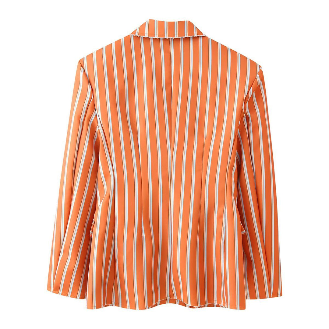 Damen Doppelreihiger Streifenblazer mit markantem Revers und Pattentaschen Nord Taschen