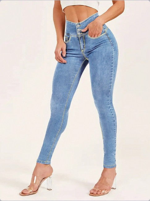 Damen High-Waist Sculpting-Skinny-Jeans mit taillenbildendem V-Bund und Doppelknopfverschluss Nord Taschen