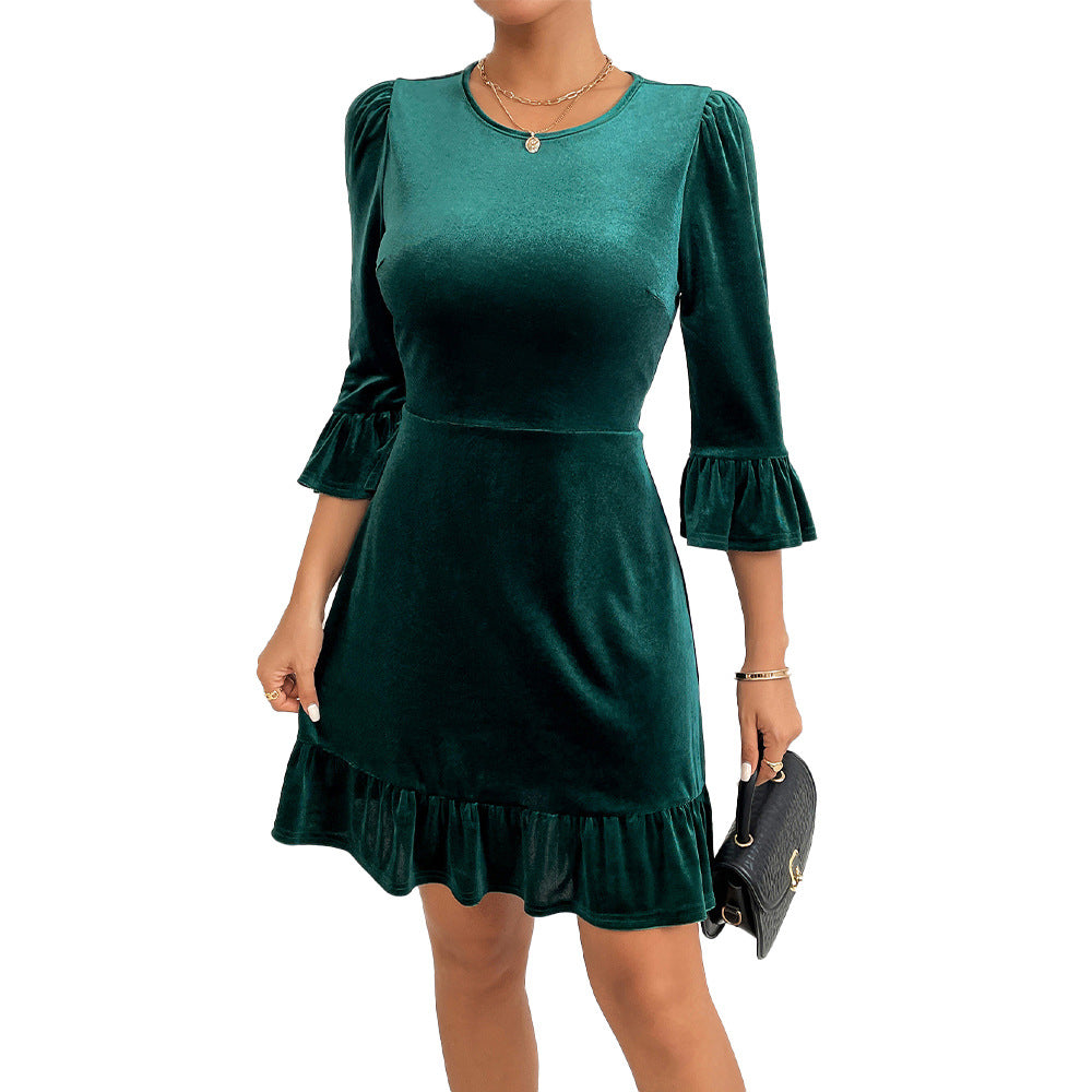 Damen Samt-Minikleid mit taillierter Korsagenlinie, gerafften Volantärmeln und stufigem Saum Nord Taschen
