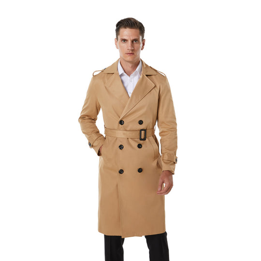 Herren Knielanger Trenchcoat im klassischen Doppelreiher mit Schulterklappen und Taillengürtel Nord Taschen