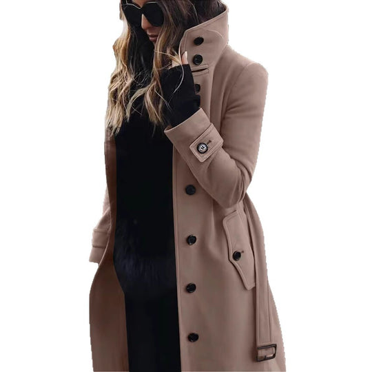 Damen Langschnittiger Trenchcoat mit überhöhtem Stehkragen, Knopfblende und Taillengürteloptik Nord Taschen