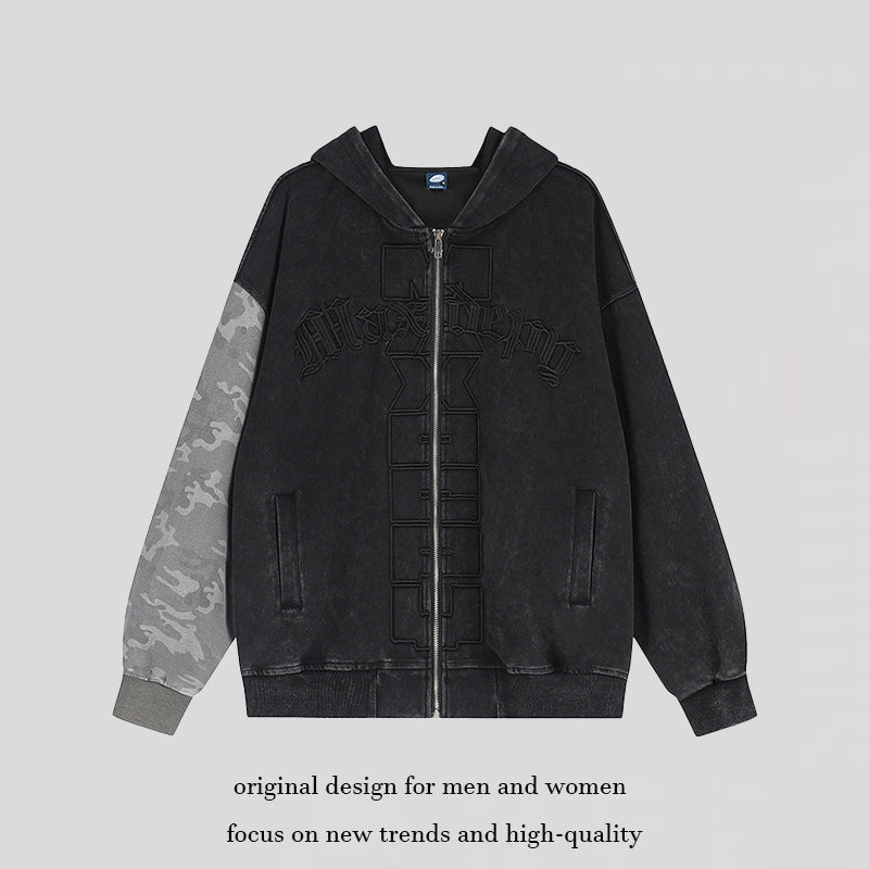 Unisex Oversize-Kapuzen-Zipjacke mit Camouflage-Ärmel, Washed‑Effekt und erhabener Frontstickerei Nord Taschen