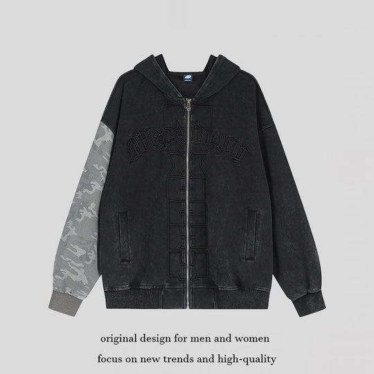 Unisex Oversize-Kapuzen-Zipjacke mit Camouflage-Ärmel, Washed‑Effekt und erhabener Frontstickerei Nord Taschen