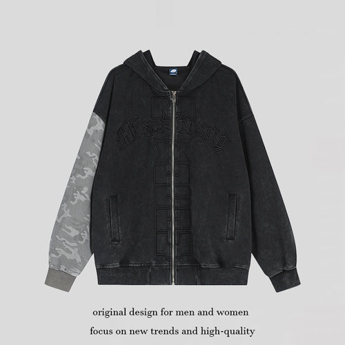 Unisex Oversize-Kapuzen-Zipjacke mit Camouflage-Ärmel, Washed‑Effekt und erhabener Frontstickerei Nord Taschen