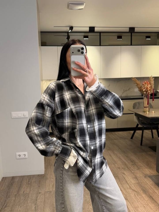 Damen Kariertes Flanell-Overshirt mit Hemdblusenkragen, Relaxed-Fit und aufgesetzter Brusttasche Nord Taschen