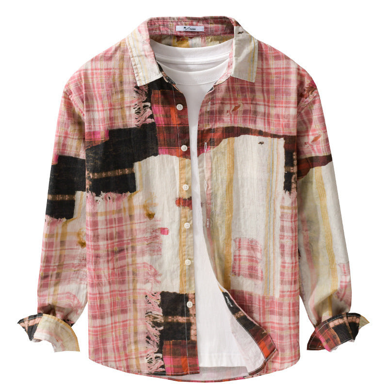 Herren Relaxed Patchwork-Karo Hemdjacke mit ausgefransten Kanten und Crinkle-Finish Nord Taschen