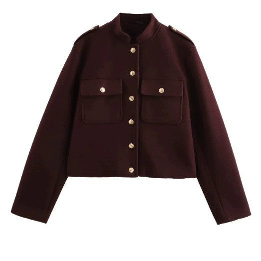 Damen 300+ Boxy Kurzjacke aus Wollmix mit Pattentaschen und goldenen Druckknöpfen Nord Taschen