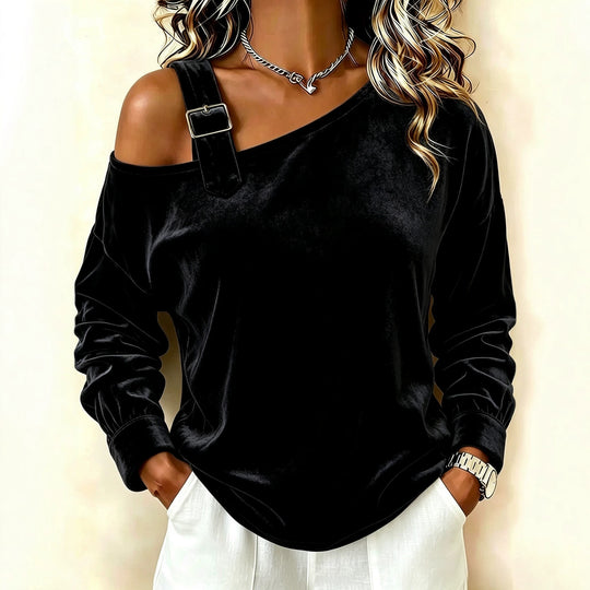 Damen Samt-Sweatshirt mit asymmetrischem Carmen-Ausschnitt und Zierschnalle Nord Taschen