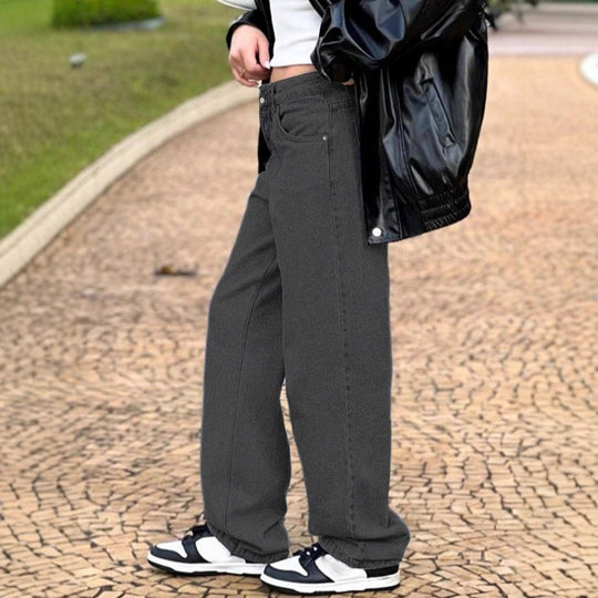 Damen hochgeschnittene locker sitzende Jeans mit weitem Bein und asymmetrischer Knopfleiste Nord Taschen