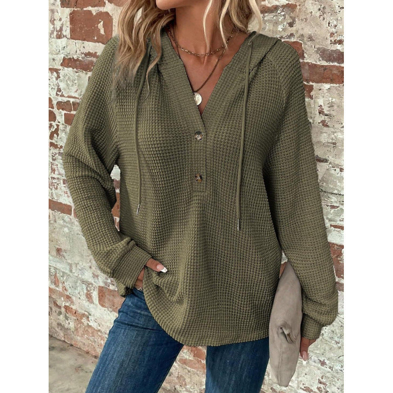 Damen Waffelstrick-Hoodie mit Henley-Knopfleiste und Oversize-Schnitt Nord Taschen