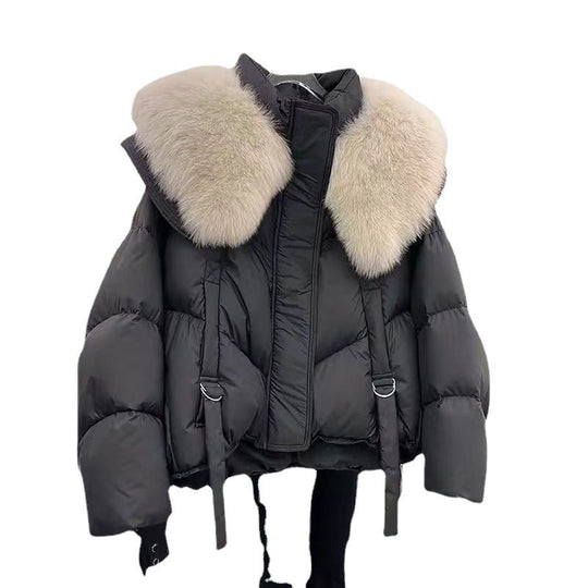 Damen nan kurze Thermo-Pufferjacke mit abnehmbarem Webpelzkragen, hochschließendem Stehkragen und Tunnelzugsaum Nord Taschen