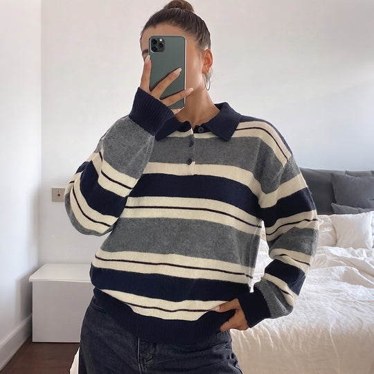 Damen Oversize-Polokragen-Strickpullover mit Streifenmuster und Raglanärmeln Nord Taschen