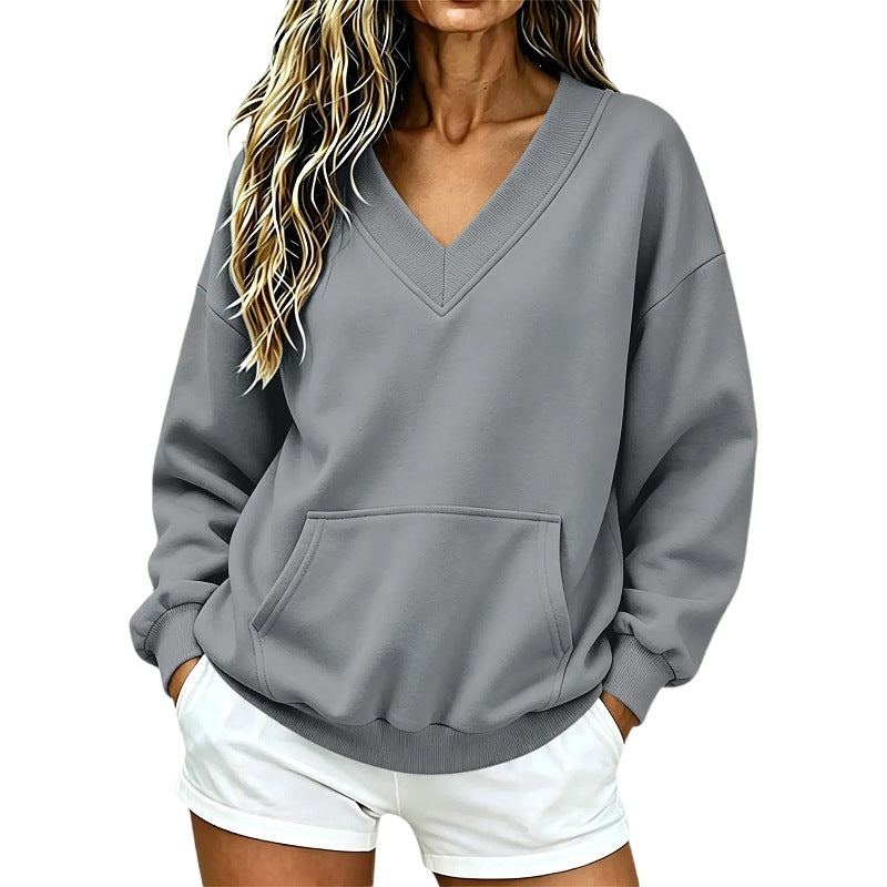 Damen Oversize V-Ausschnitt Sweatshirt mit Kängurutasche und geripptem Saum Nord Taschen