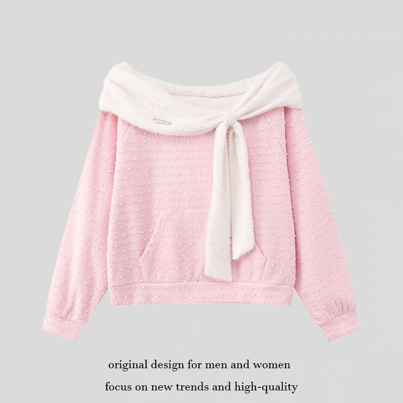 Damen Kuscheliger Strickpullover mit großem Faux-Fur-Schalkragen und Kängurutasche Nord Taschen