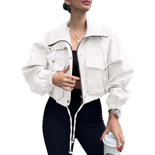 Damen kurze Utility-Jacke mit Kordelzug, Reißverschluss und aufgesetzten Taschen Nord Taschen