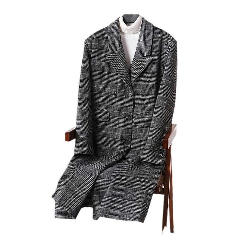 Herren Karierter Longcoat aus Wollmix mit klassischem Revers und geradem Schnitt Nord Taschen