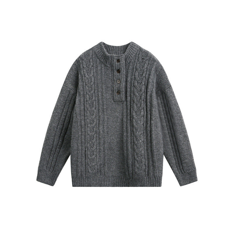 Damen Grobgestrickter Zopf‑Strickpullover mit Henley‑Knopfleiste und Stehkragen Nord Taschen