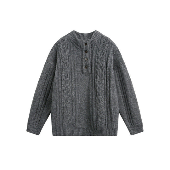 Damen Grobgestrickter Zopf‑Strickpullover mit Henley‑Knopfleiste und Stehkragen Nord Taschen