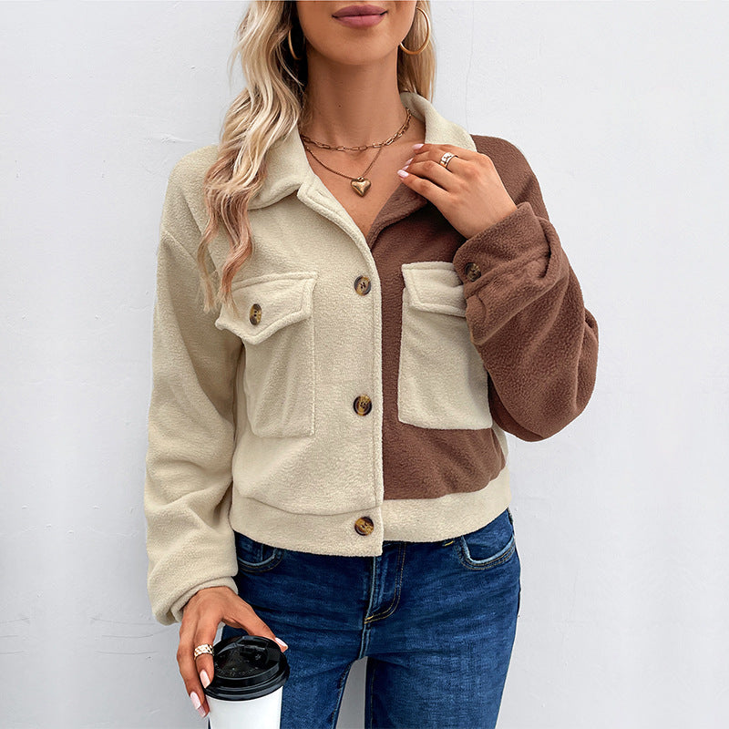 Damen Kurzjacke aus Teddy-Fleece mit Colorblock-Design & Pattentaschen Nord Taschen