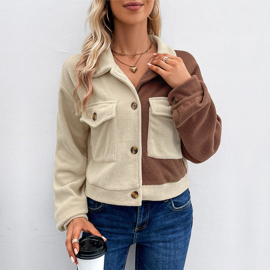 Damen Kurzjacke aus Teddy-Fleece mit Colorblock-Design & Pattentaschen Nord Taschen