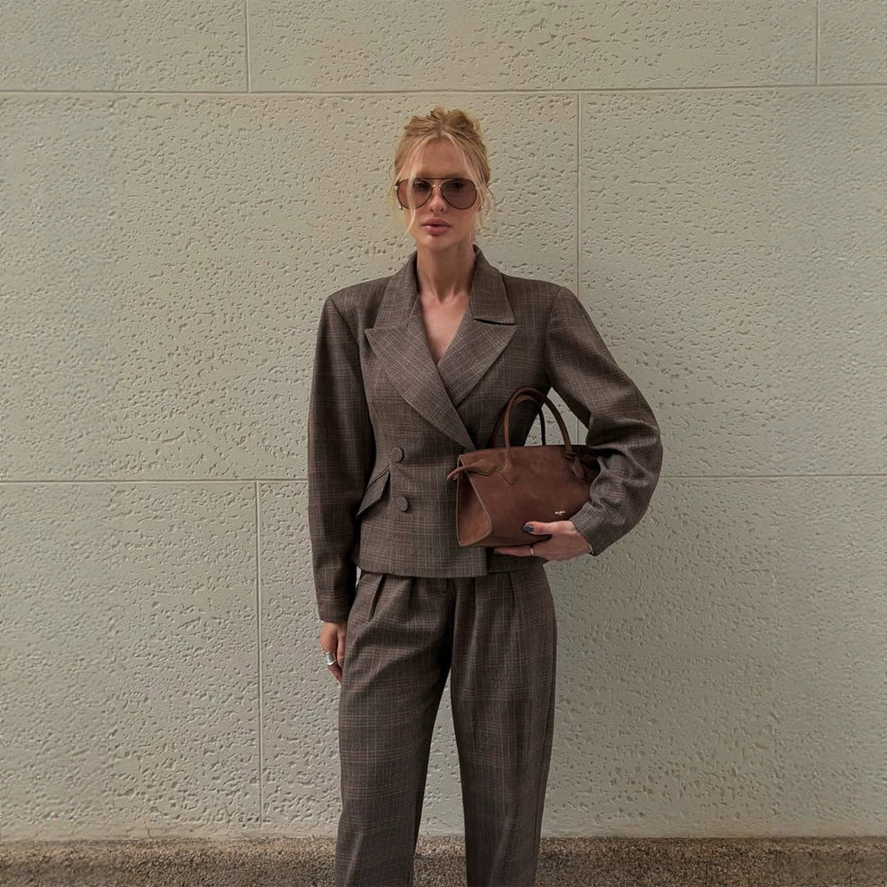 Damen Taillierter zweiteiliger Blazer- und Hosenanzug im Glencheck-Muster Nord Taschen