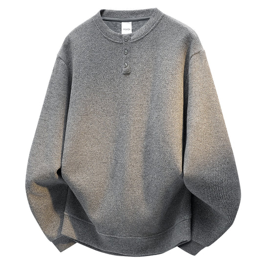 Herren Oversize Strukturierter Henley-Strickpullover mit dreifacher Knopfleiste Nord Taschen
