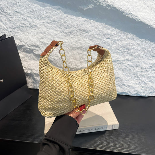 Damen trendige Umhängetasche aus geflochtenem Material mit Kettenverzierung Nord Taschen