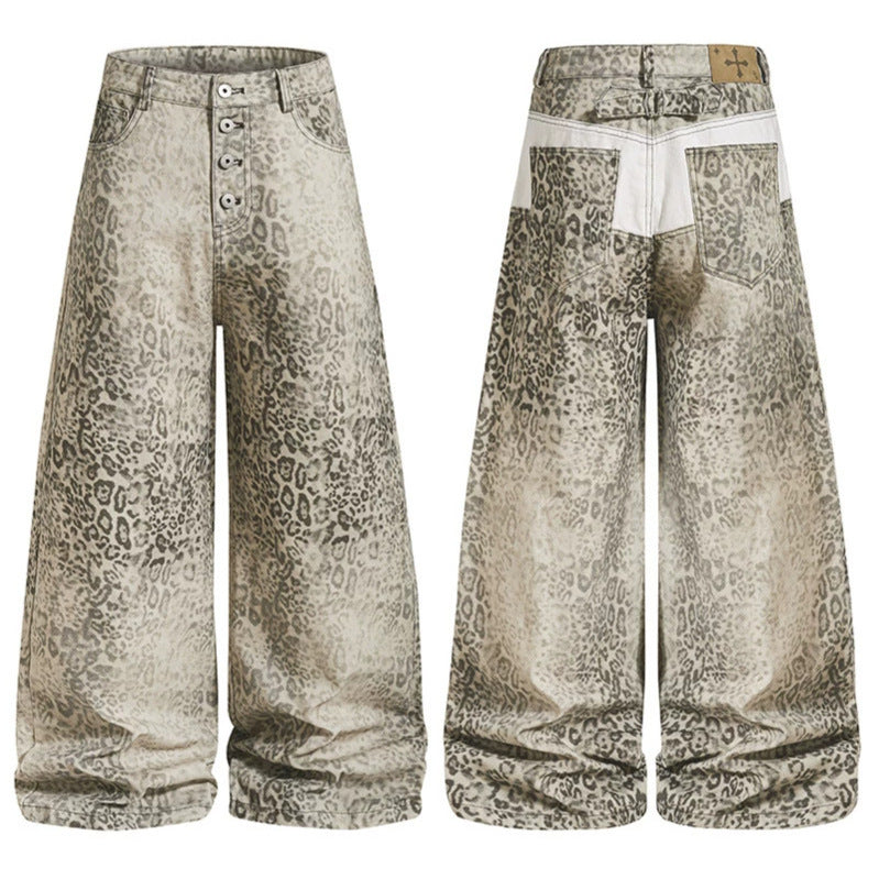 Damen Hochtaillierte Balloon-Jeans im Animalprint mit weitem Culotte‑Schnitt und Knopfleiste Nord Taschen