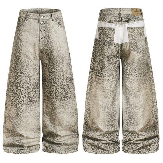 Damen Hochtaillierte Balloon-Jeans im Animalprint mit weitem Culotte‑Schnitt und Knopfleiste Nord Taschen