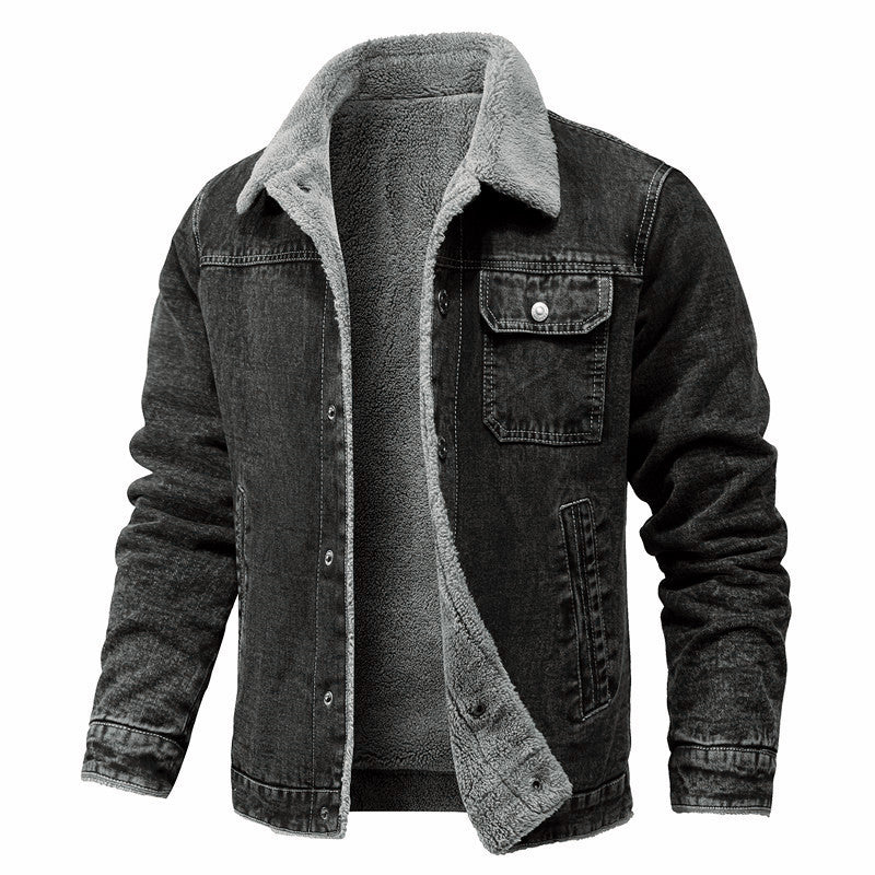 Herren gewaschene Denim-Workerjacke mit Teddyfutter und eingelassenen Seitentaschen Nord Taschen