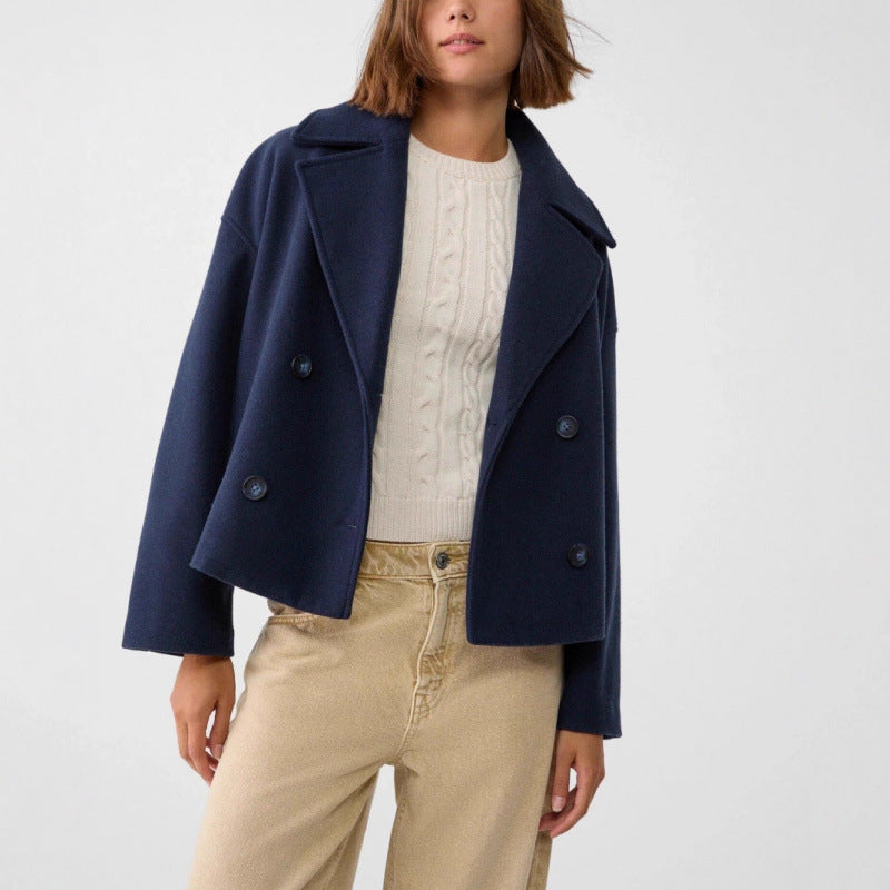 Damen Kurzer Zweireihiger Wollmix-Peacoat mit übergroßem Revers Nord Taschen