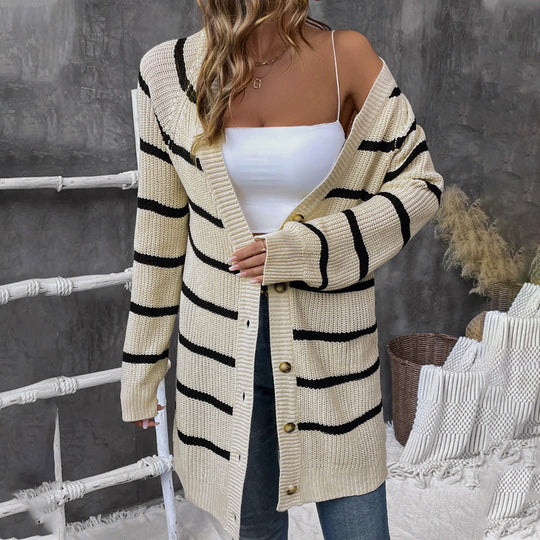 Damen Langer Oversize-Cardigan mit Rippenstruktur, Querstreifen und dekorativer Knopfleiste Nord Taschen