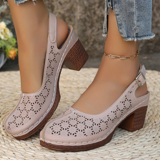 Damen  elegante Slingback-Pumps mit floralem Laser-Cut, gepolsterter Komfortinnensohle und stabilem Blockabsatz Nord Taschen
