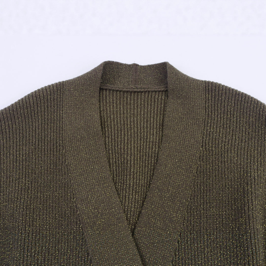 Damen Lange Strickjacke mit Bindegürtel, aufgesetzten Taschen und tiefem V-Ausschnitt Nord Taschen