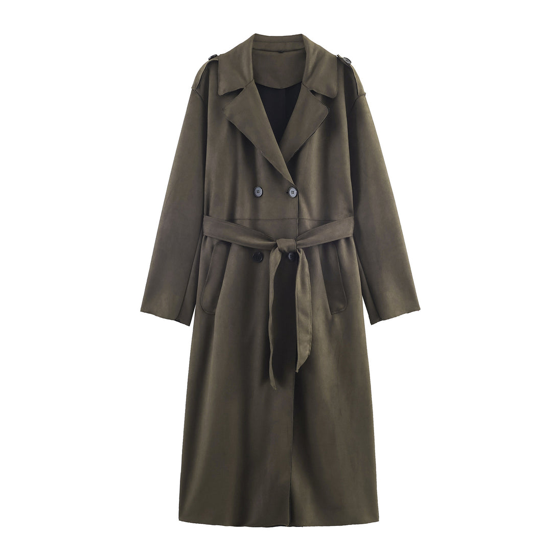 Damen Midilanger Mantel im Trench-Stil mit Bindegürtel und Schulterriegeln Nord Taschen